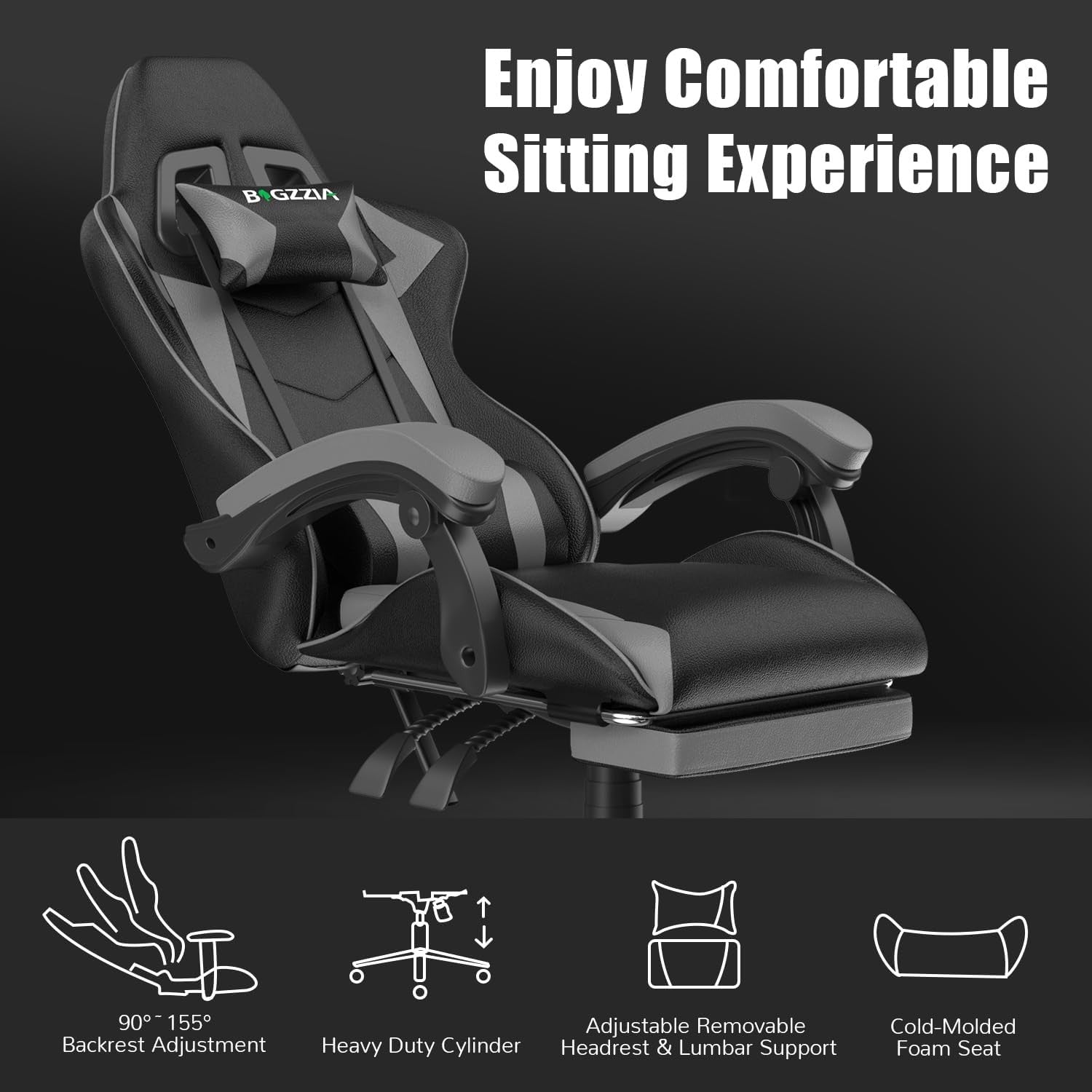 Ergonomic Gaming Chair Recliner w/ Footrest Lumbar Support Grey