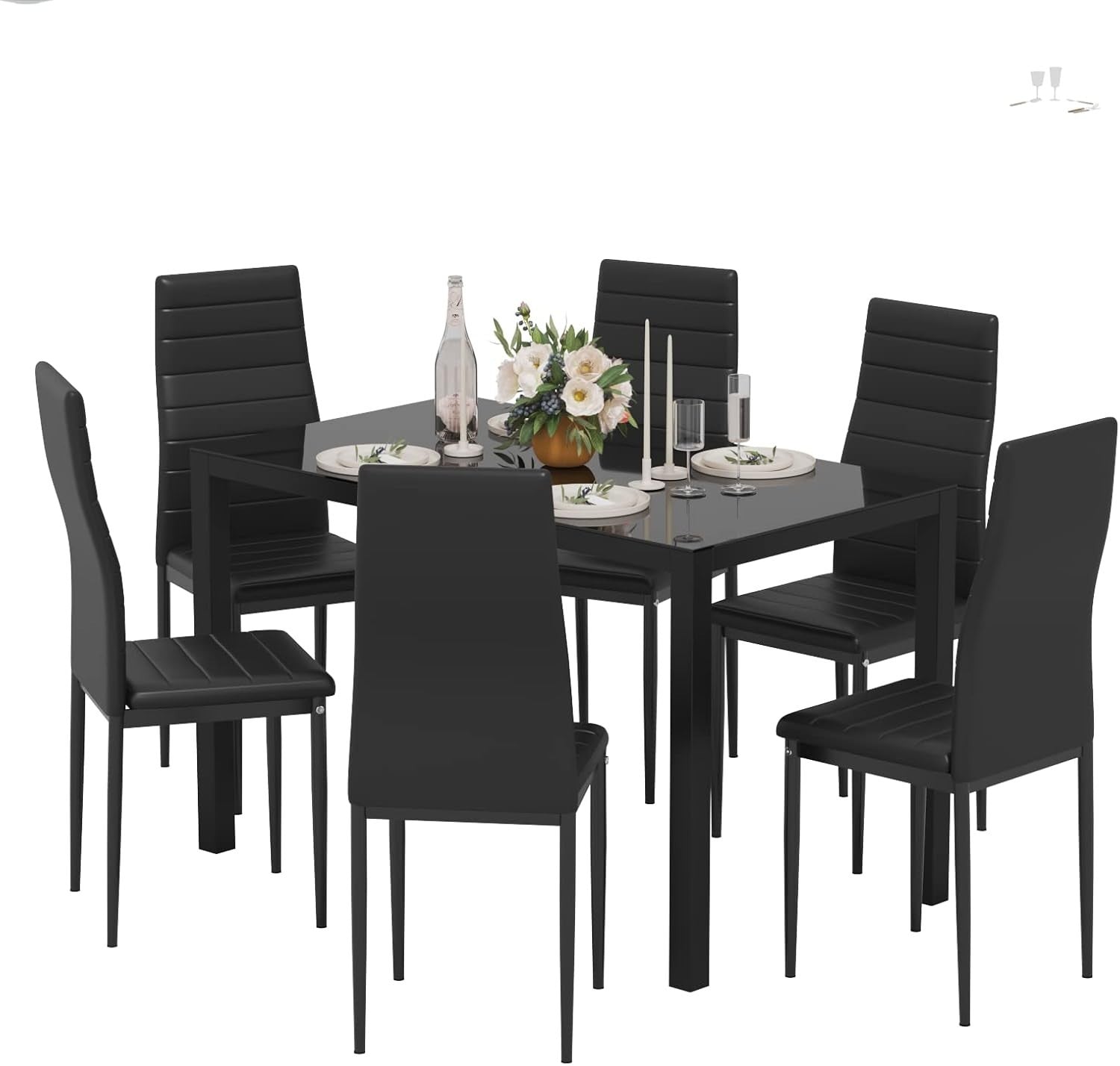 Modern 6-Seater Glass Dining Table with High Back Faux Leather Chairs