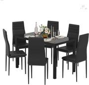 Modern 6-Seater Glass Dining Table with High Back Faux Leather Chairs