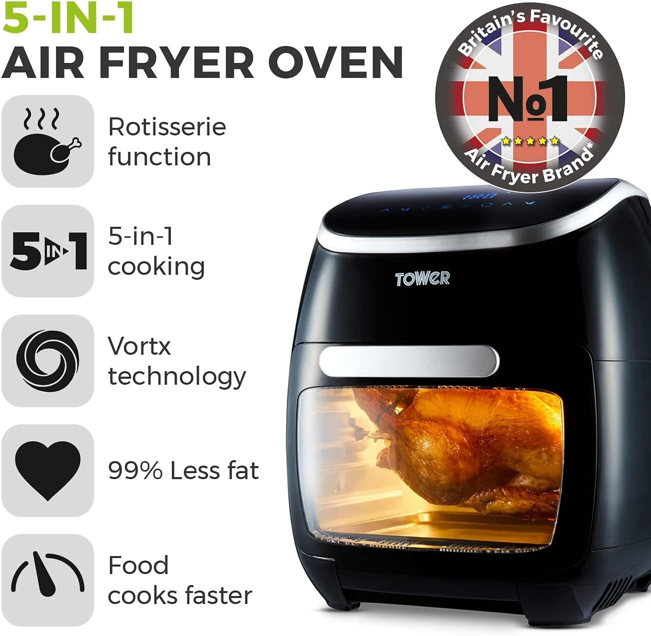 11L Digital Air Fryer Oven 5-in-1 Rapid Cook Rotisserie 2000W Vortx Technology