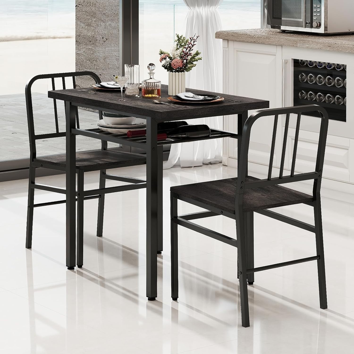 Rectangular 3-Piece Kitchen Dining Set with Storage Rack & Adjustable Feet