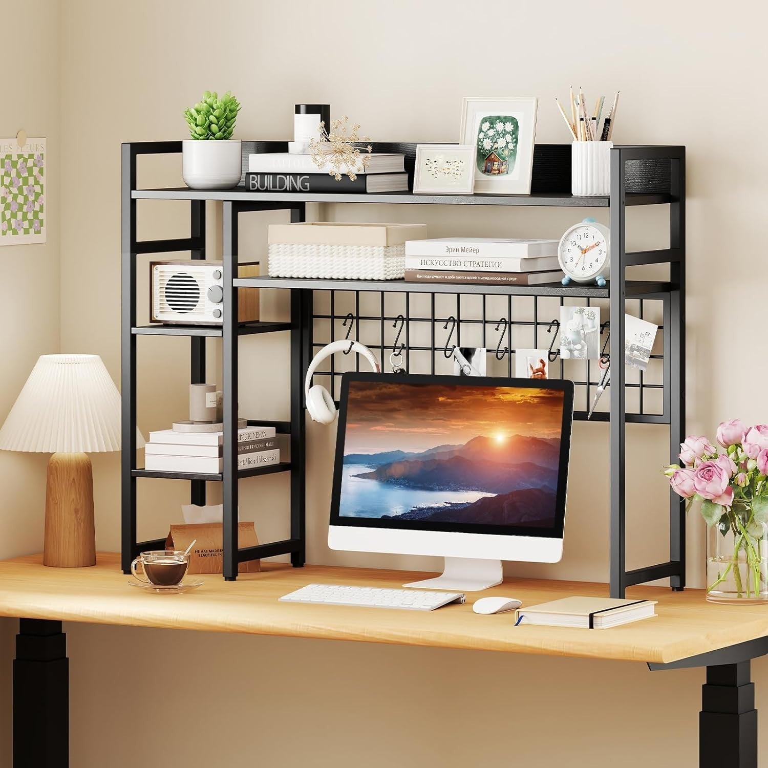 Desktop Bookshelf Hutch 4-Tier Monitor Shelf Storage Rack Grid Panel Hooks Black