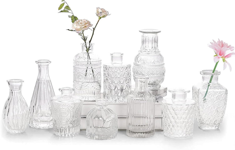 Glass Bud Vase Set of 10 Mini Clear Vintage Flower Vases for Table Decor
