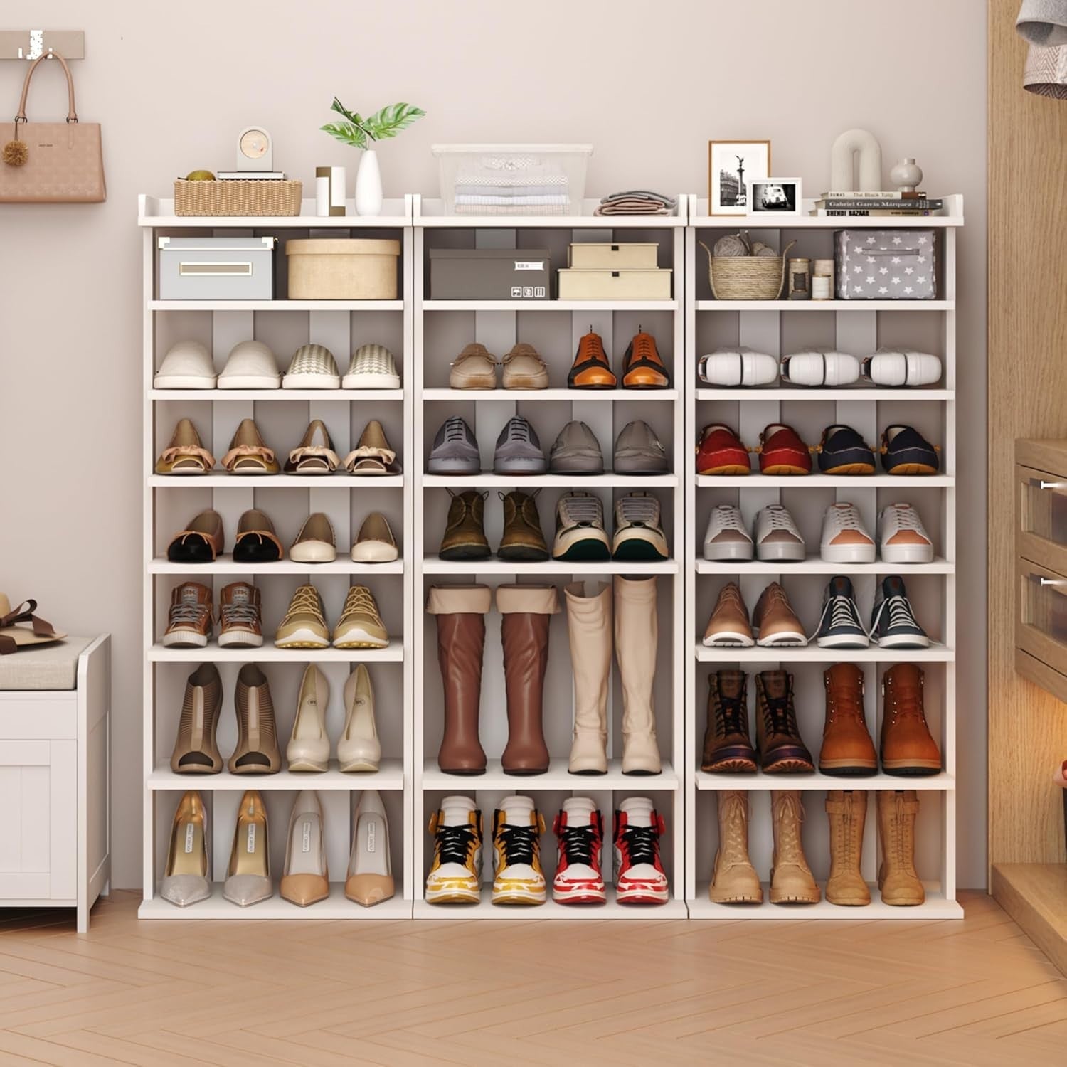Slim 7-Tier Wooden Shoe Rack with Double Rows – Space-Saving Vertical Storage