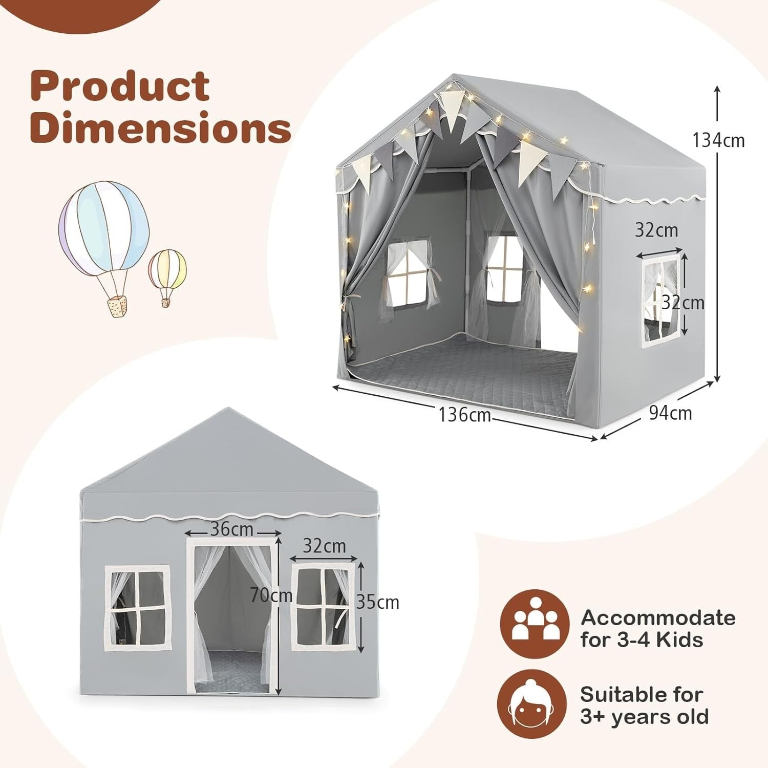 Grey Kids Castle Playhouse Tent Indoor Outdoor w Lights Mat Windows