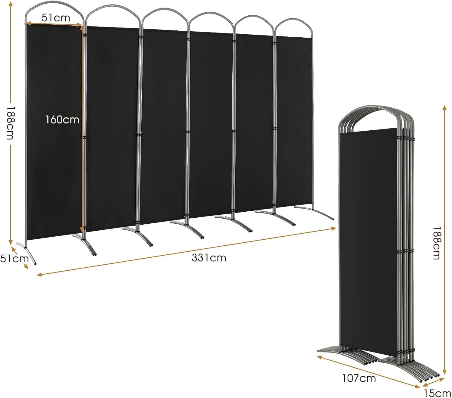 6 Panel Black Folding Room Divider Freestanding Privacy Screen Partition 331x188