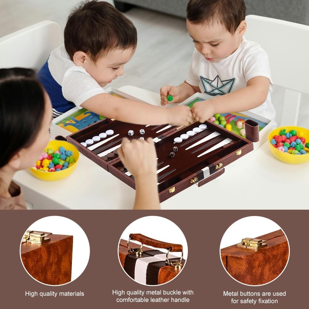 11 Inch Backgammon Set Leather Case Portable Travel Board Game Dice Cups