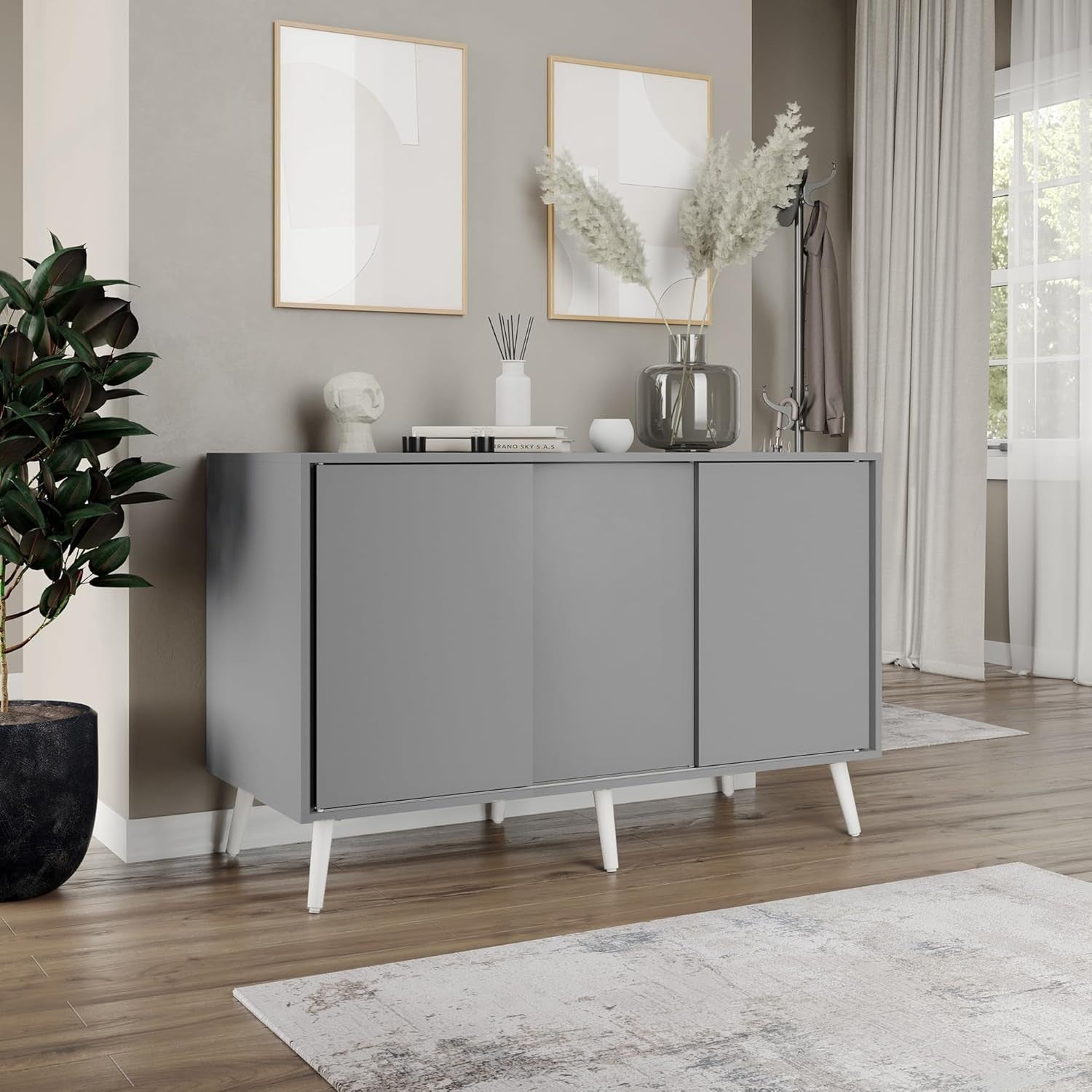 Modern 3-Door Sliding Sideboard Cabinet with Wooden Legs for Living & Dining