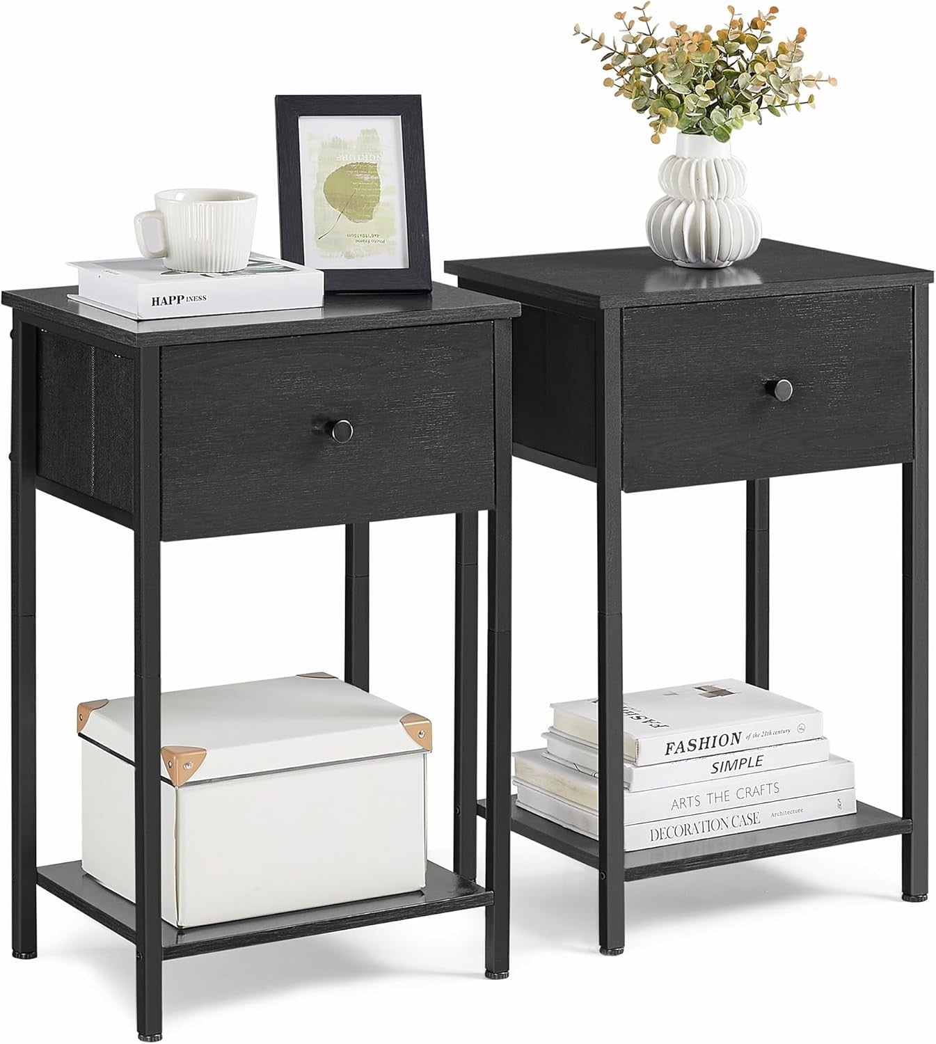 Set of 2 Tall Black Bedside Tables with Fabric Drawer & Storage Shelf
