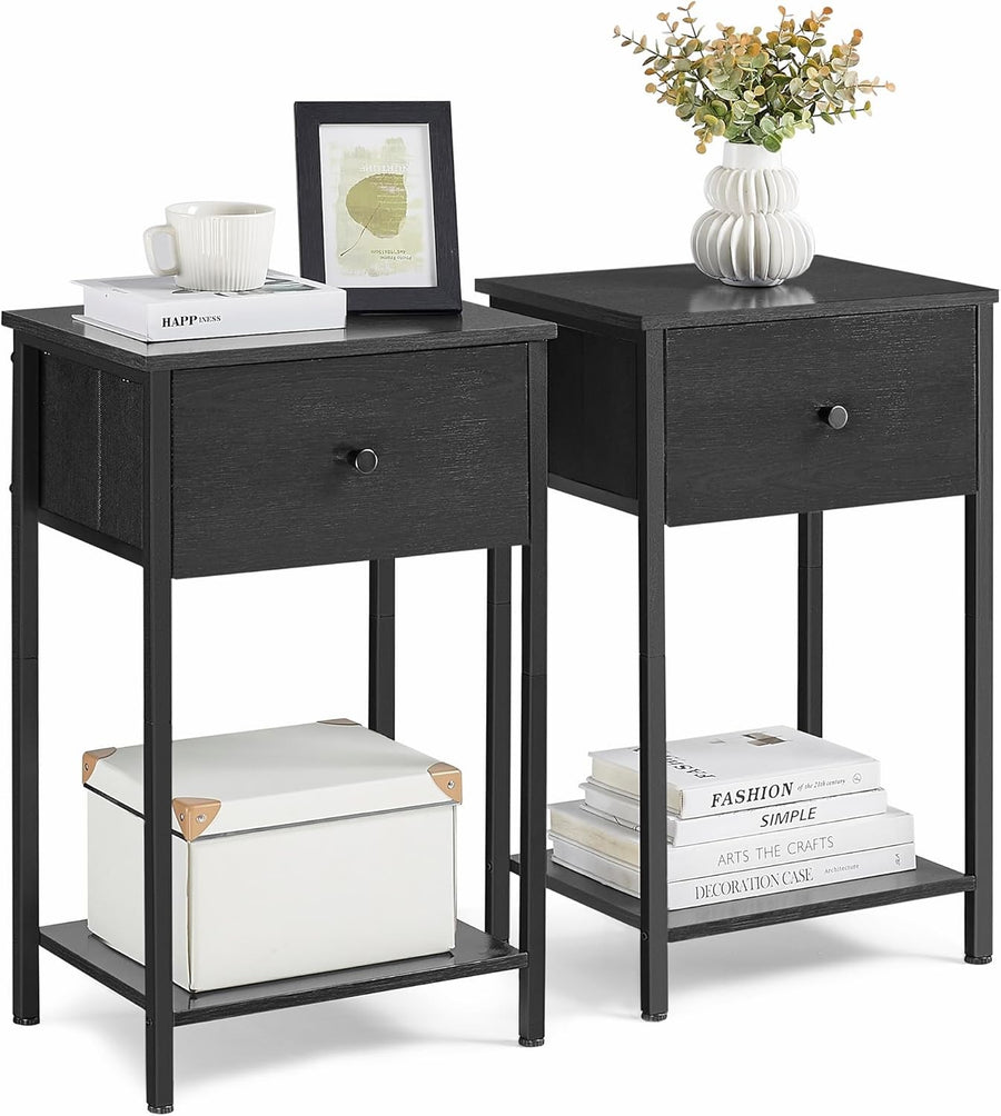 Set of 2 Tall Black Bedside Tables with Fabric Drawer & Storage Shelf