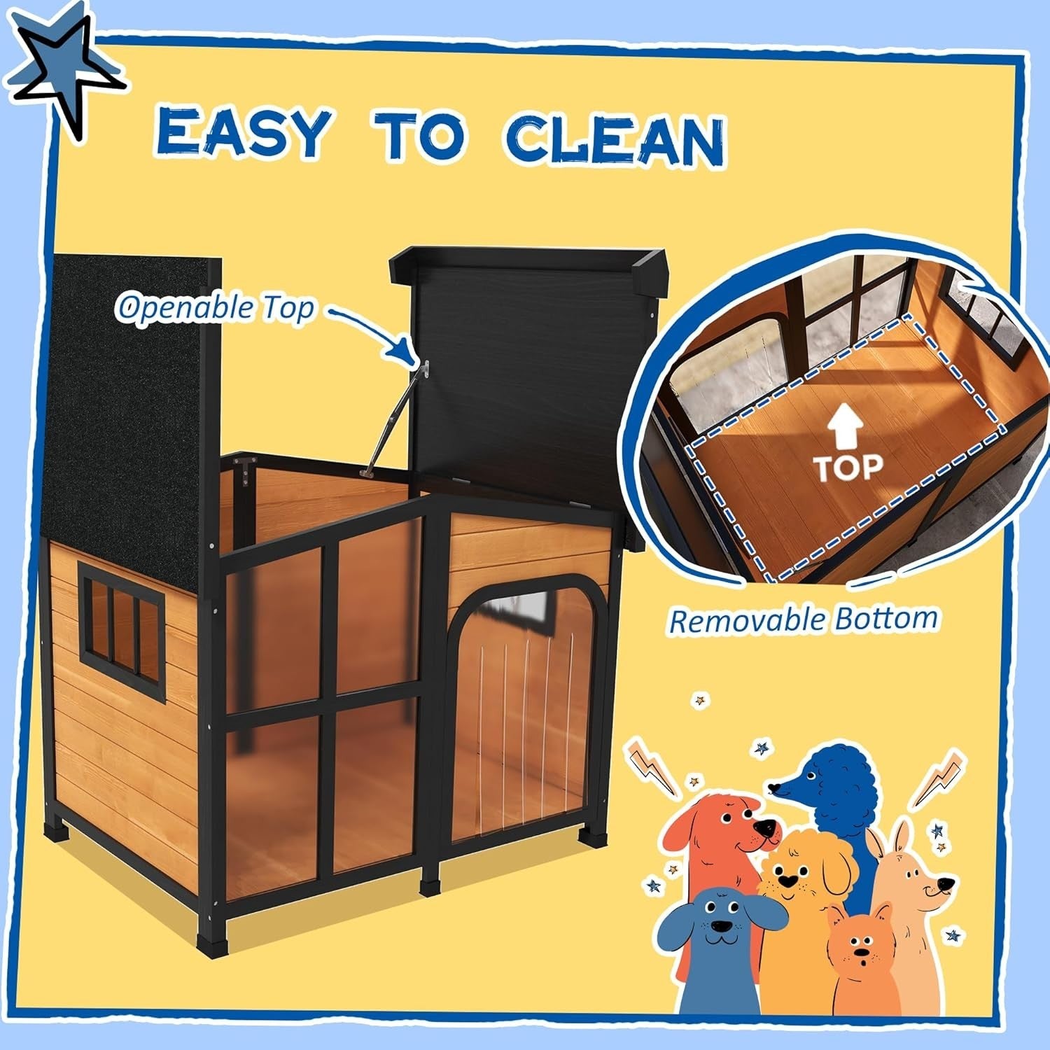 Large Wooden Outdoor Dog Kennel with Roof, Windows & Removable Floor