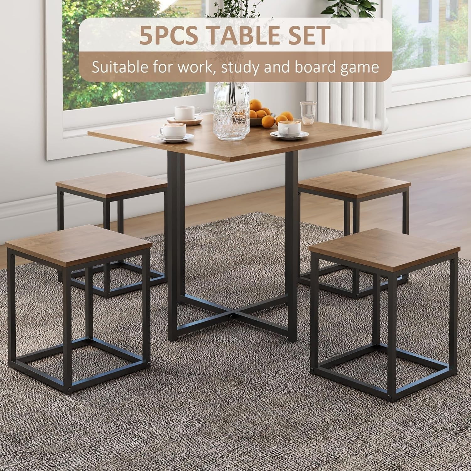 5-Piece Dining Table & 4 Stools Set Space-Saving Industrial Kitchen Table Brown