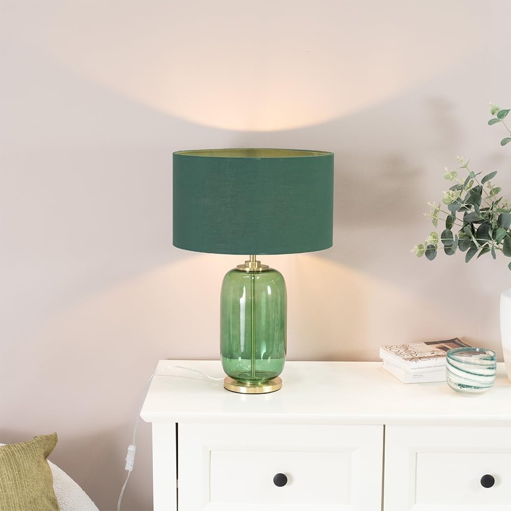Forest Green Glass Table Lamp Gold Detail Drum Shade LED Bedside Light
