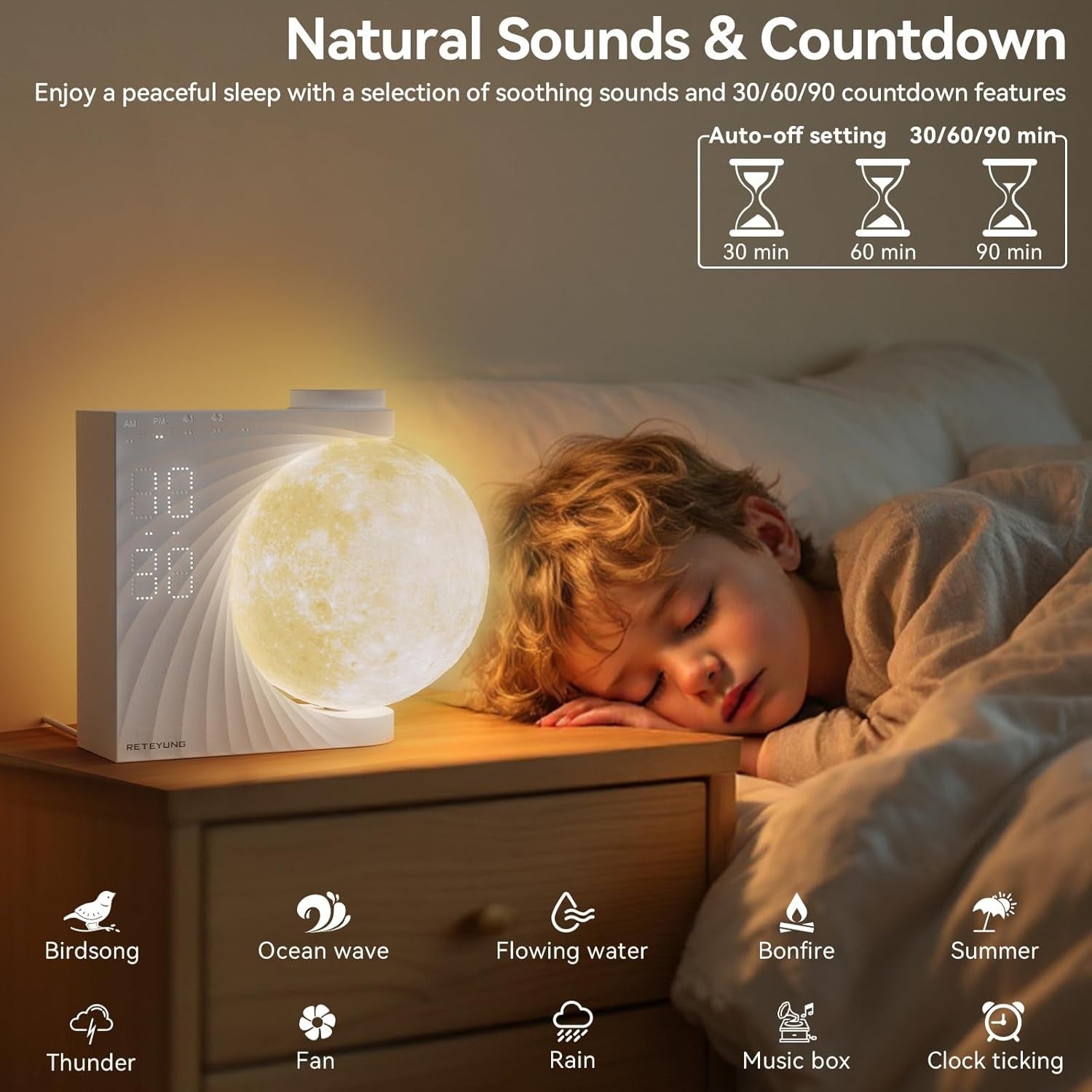 Sunrise Alarm Clock Wake Up Light Moon Lamp LED Night Light Sounds