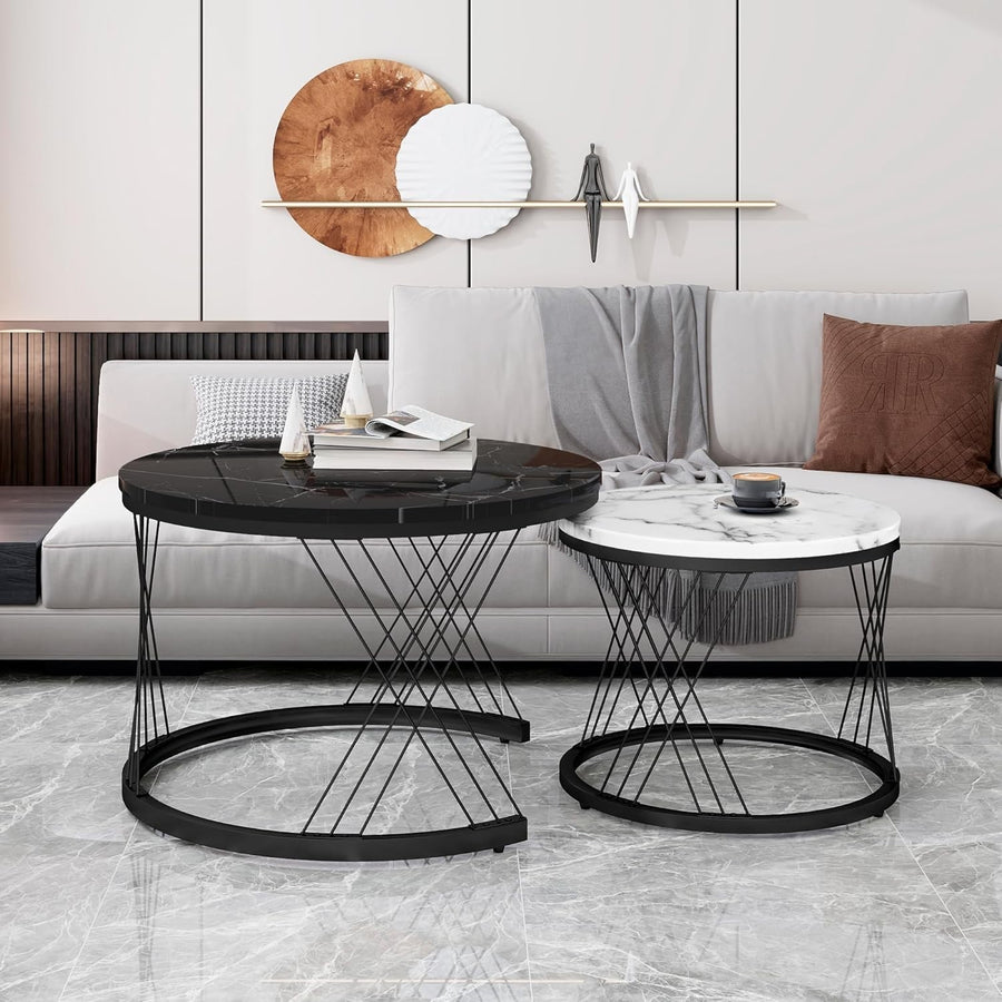 ModernLuxe 2-in-1 Round Coffee Table Set with Marble Top & Rattan Drawer
