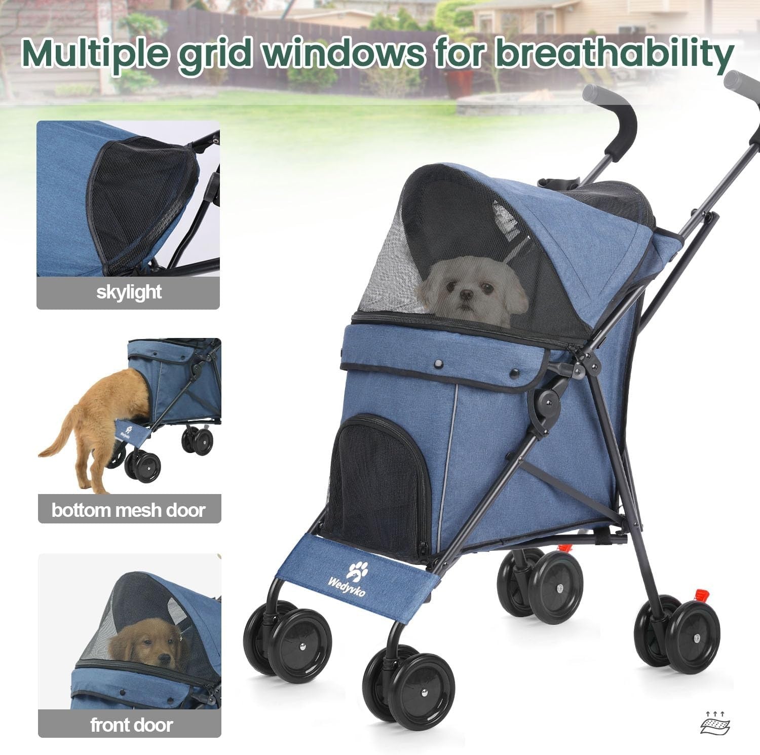 3 in 1 Pet Stroller Folding Dog Cat Pushchair 4 Wheel Travel Pram Navy