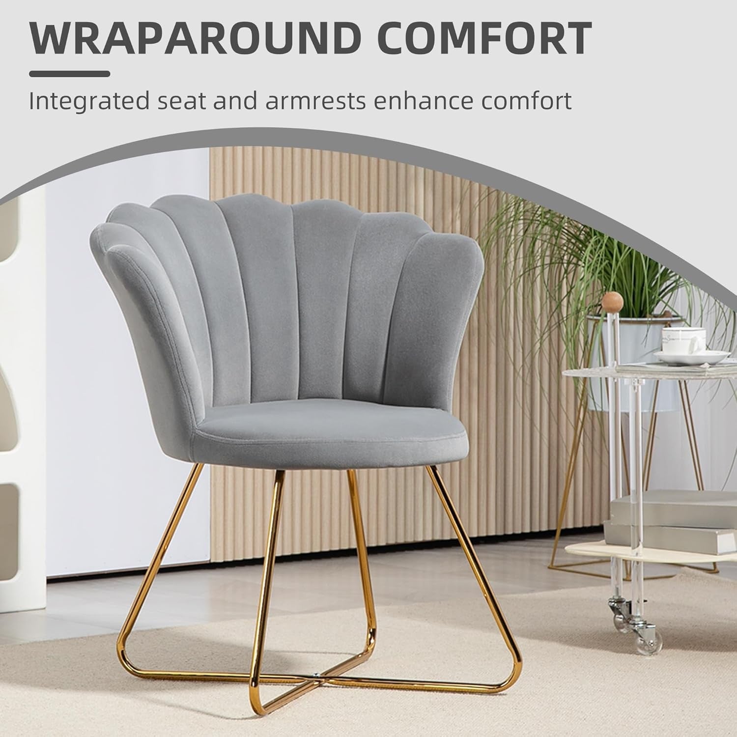 Grey Velvet Tufted Armchair Lotus Backrest Tub Chair Steel Legs