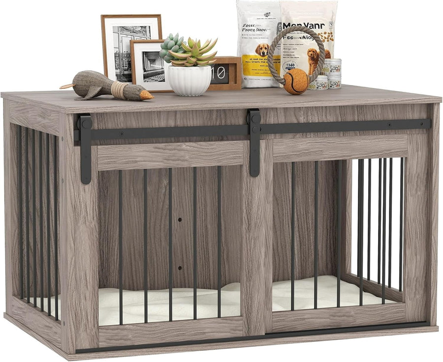 Large Indoor Dog Crate Furniture with Sliding Barn Door & Washable Cushion