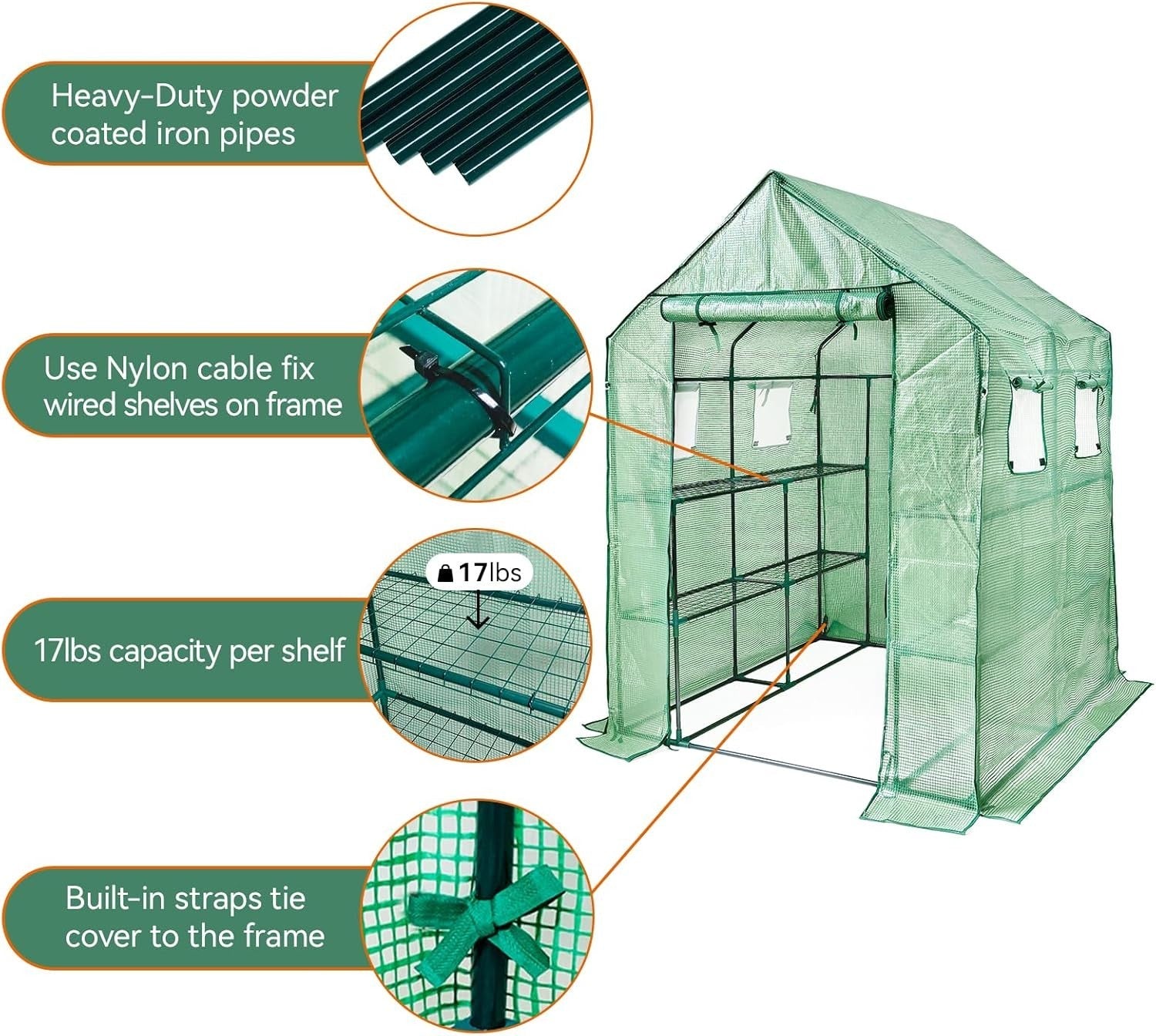 Walk-In Greenhouse 12 Shelves | Heavy-Duty Steel Frame | Reinforced PE Cover