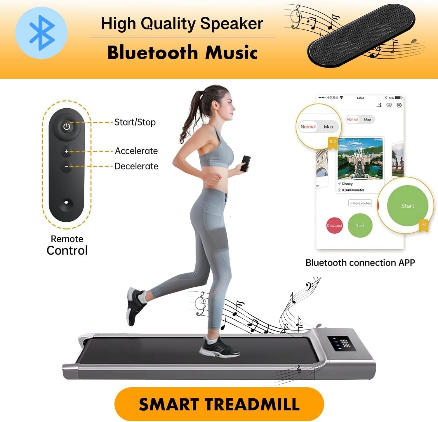 Under Desk Treadmill Walking Running Machine 1-12km/h Bluetooth Remote