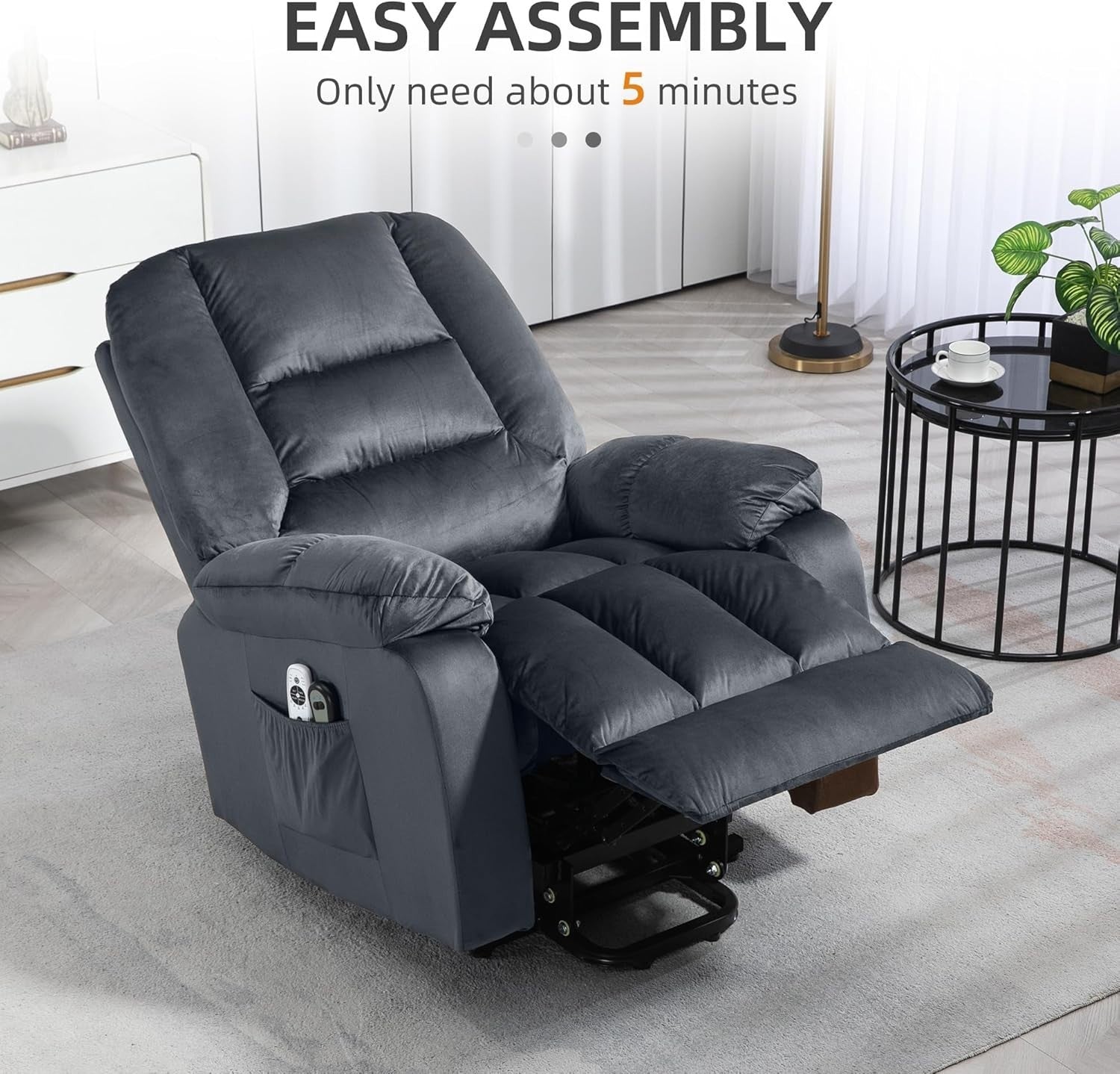 Velvet Lift Recliner Chair Massage Heat Riser Armchair for Elderly Grey
