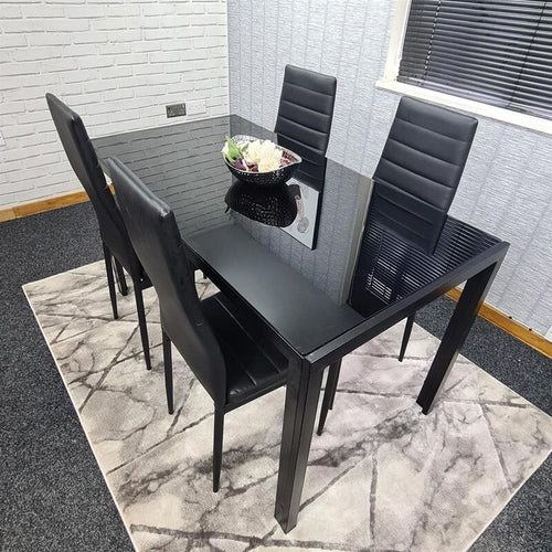 Black Glass Dining Table Set with 4 Leather Chairs Modern Kitchen 120cm