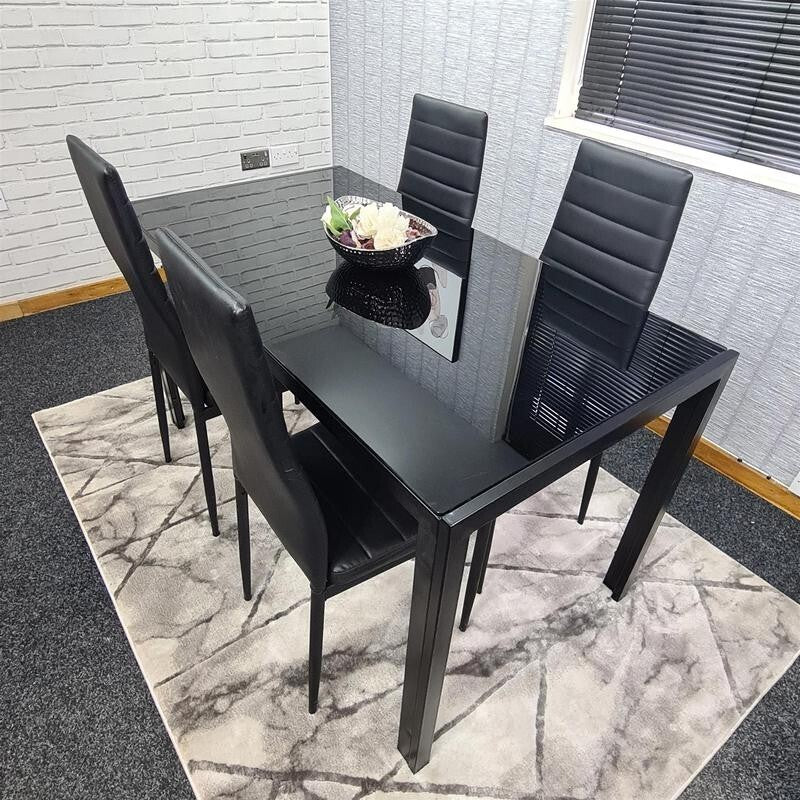 Black Glass Dining Table Set with 4 Leather Chairs Modern Kitchen 120cm