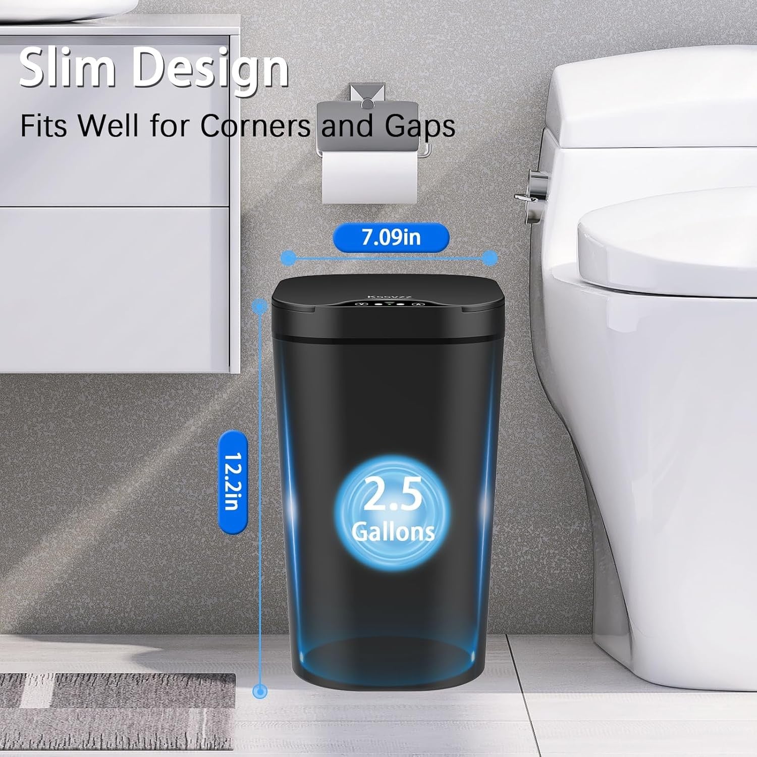 2 Pack 10L Touchless Bathroom Sensor Bins Slim Waterproof Black