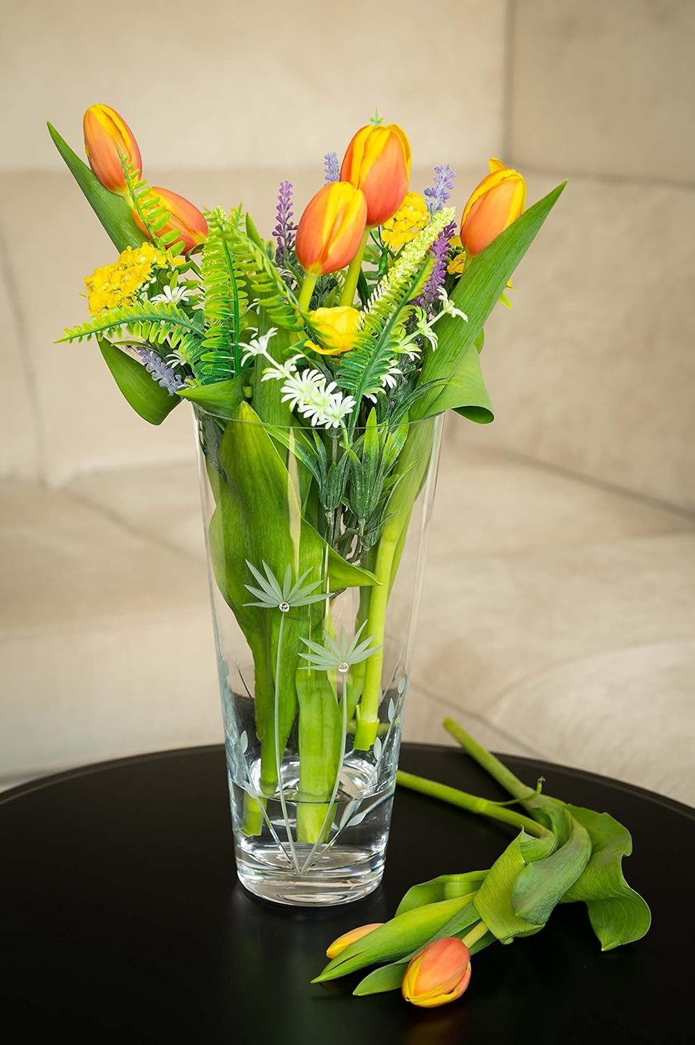 Crystal Flower Vase 25cm Hand Cut Glass Botanical Design Gift Boxed