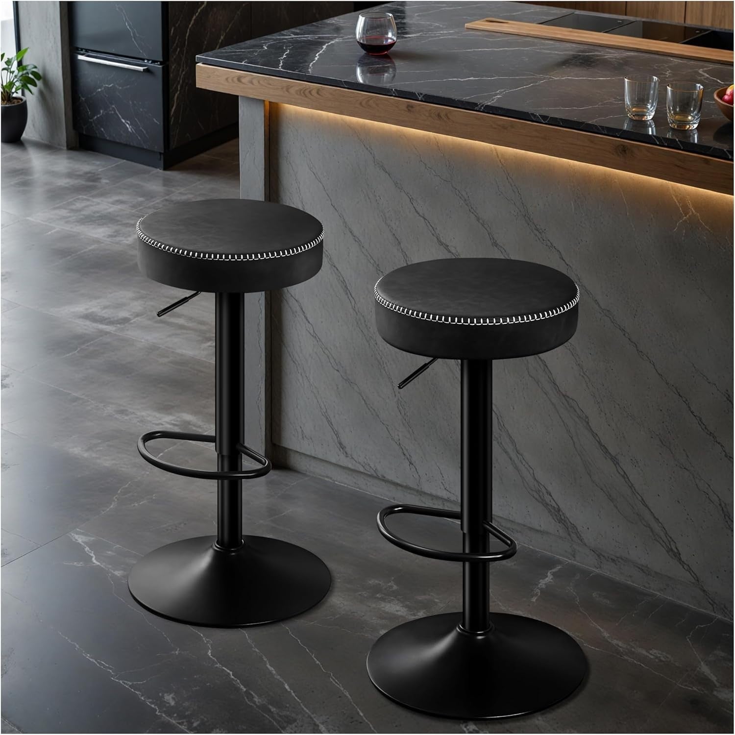 2PCS Ink Black Adjustable Swivel Bar Stools 36cm Round Industrial