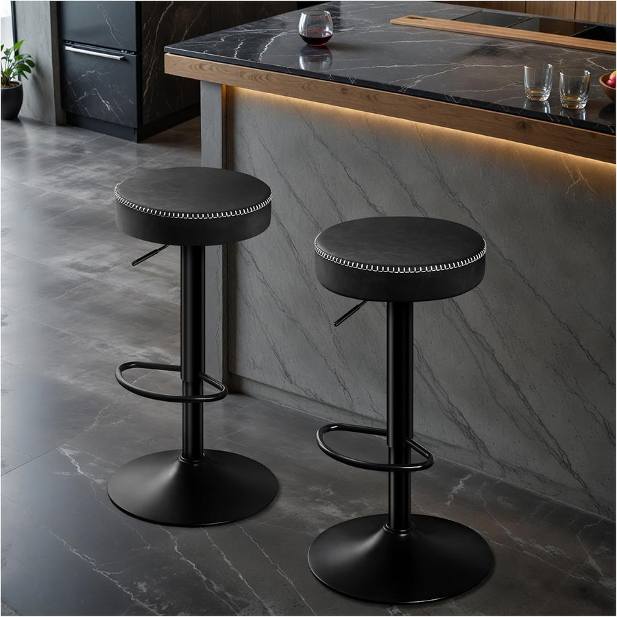 2PCS Ink Black Adjustable Swivel Bar Stools 36cm Round Industrial