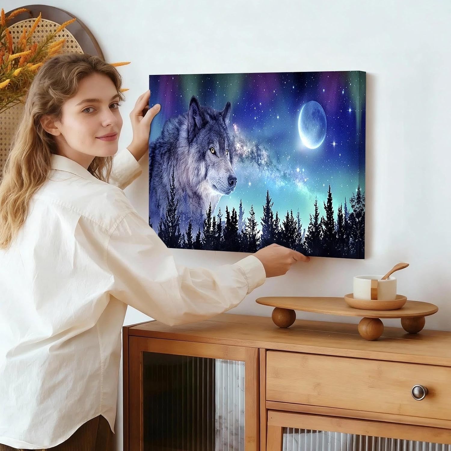 12×16″ Wolf Moon & Northern Lights Framed Canvas Wall Art – Ready Hang