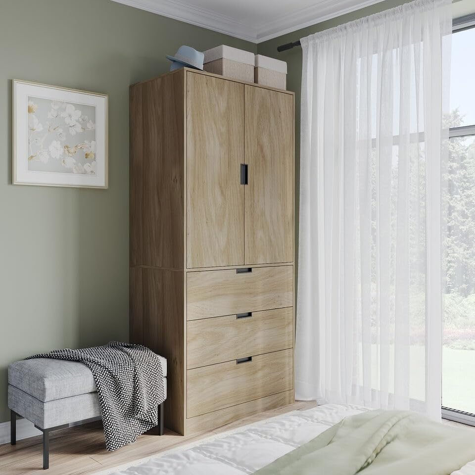 Modern Oak 2-Door Wardrobe with 3 Drawers, Clothes Rail & Spacious Storage