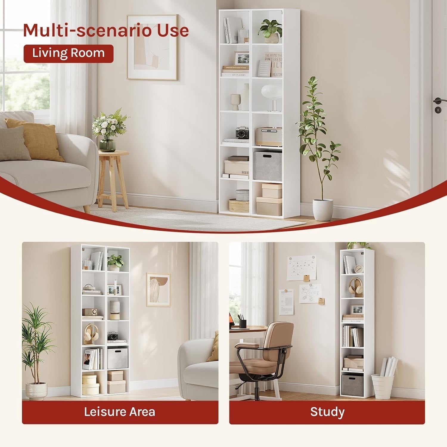 White 6 Cube Bookcase Tall Narrow Storage Shelf Unit for Bedroom or Office