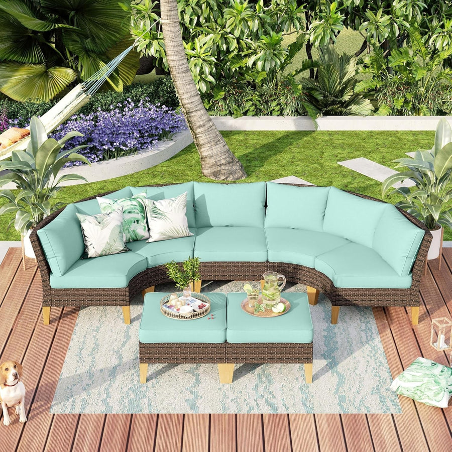 Outdoor Rattan Corner Sofa Set Waterproof Cushions Table Stool Garden Patio
