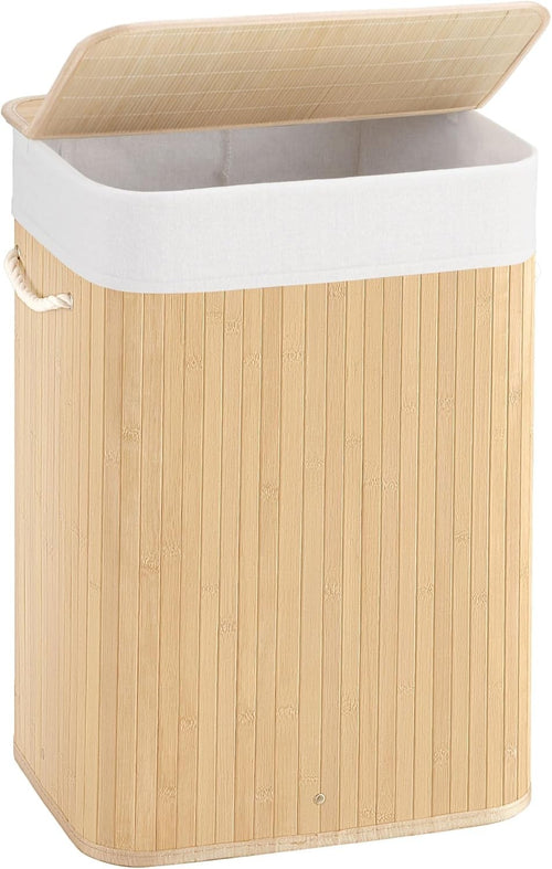 72L Slim Bamboo Laundry Hamper with Lid Foldable Clothes Basket Beige