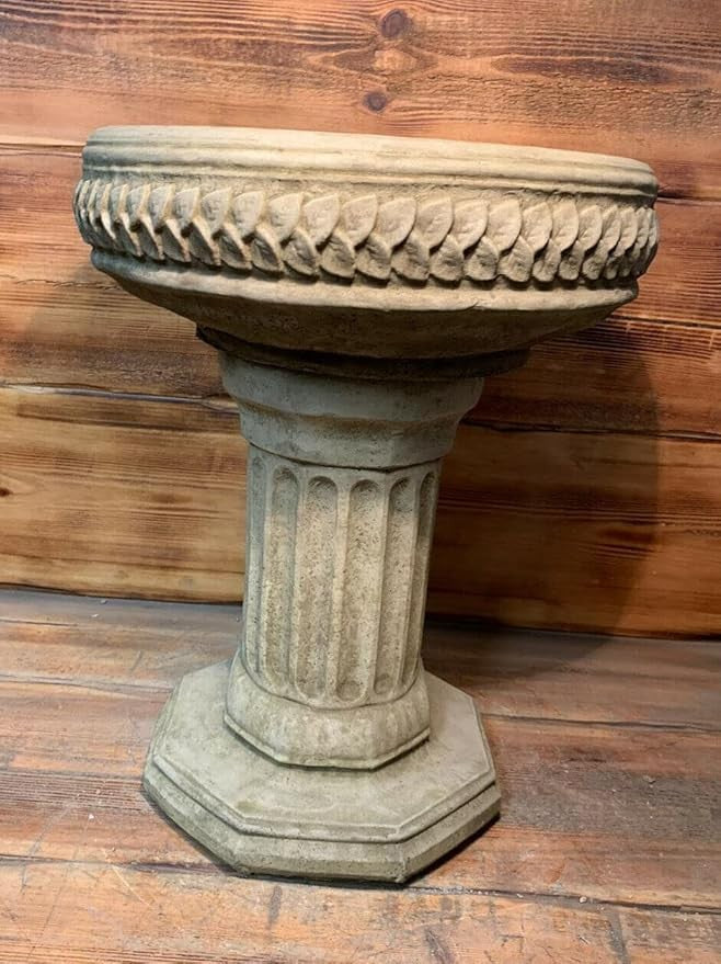 Stone Garden Bird Bath – Hexagonal Art Deco Leaf Vine Design Outdoor Ornament