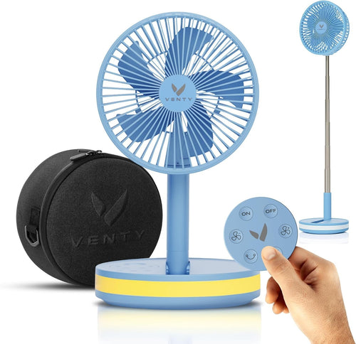 Portable Foldable Fan 4-Speed w Remote LED Light USB-C Rechargeable Blue w/ Case