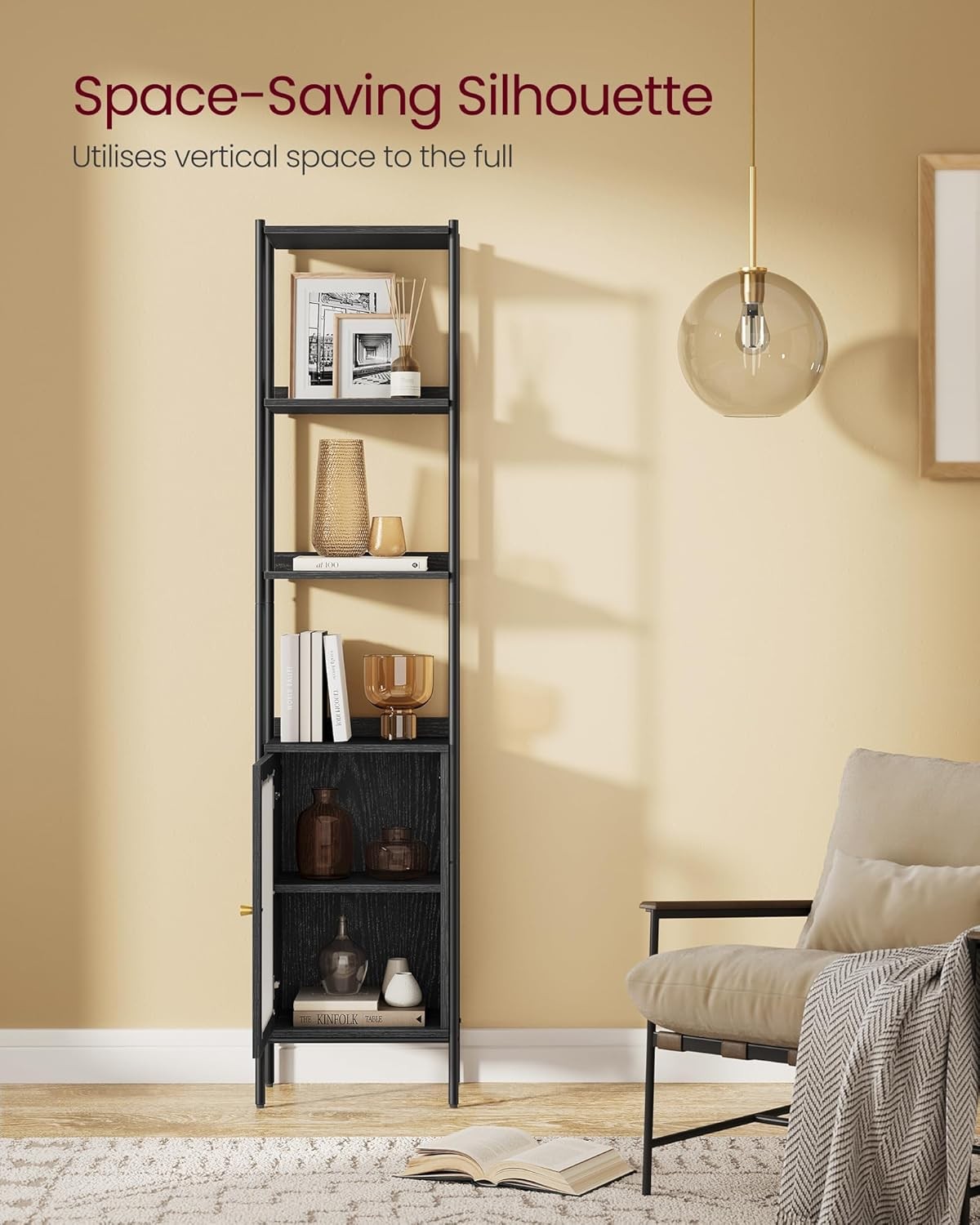 6-Tier Tall Bookcase with Cabinet – Modern Black Shelving Unit for Home & Office