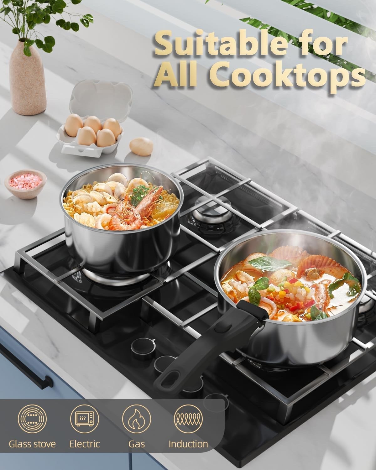 4Pcs Stainless Steel Saucepan Set with Removable Handle & Silicone Lid – 18 20cm