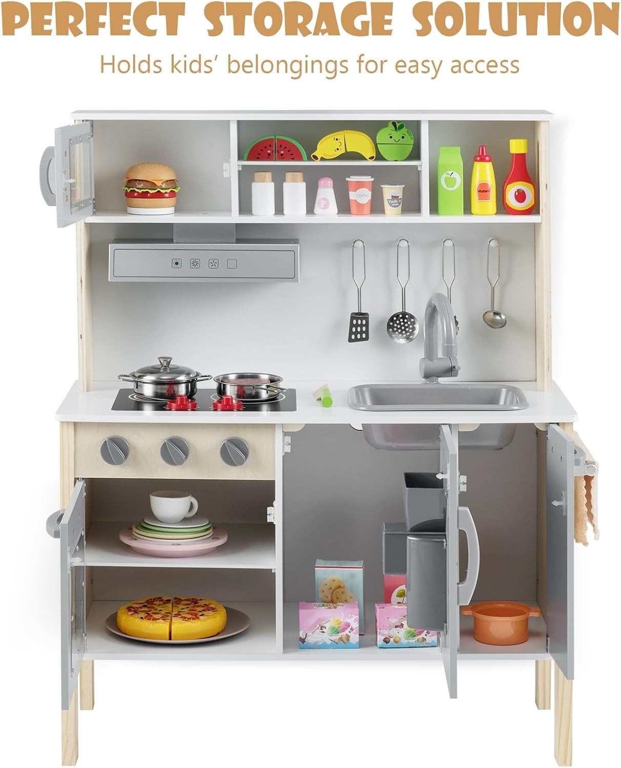 Wooden Kids Play Kitchen Grey Ice Maker Cooking Toy Accessories