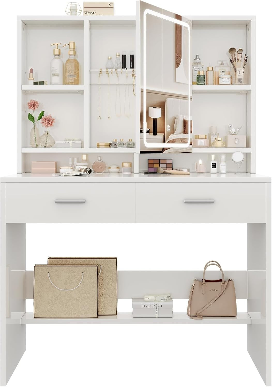 White Dressing Table Set with Lighted Mirror Desk Storage Drawers Modern Makeup