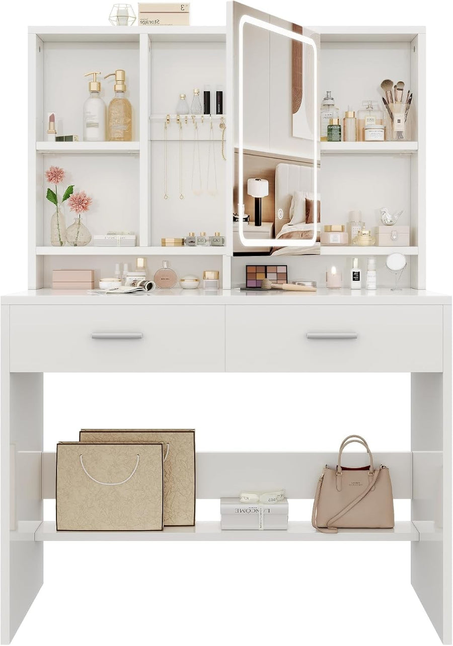White Dressing Table Set with Lighted Mirror Desk Storage Drawers Modern Makeup