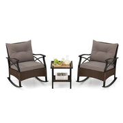 Patio Rattan Rocking Chair Set 3PC With Glass Top Coffee Table Cushions