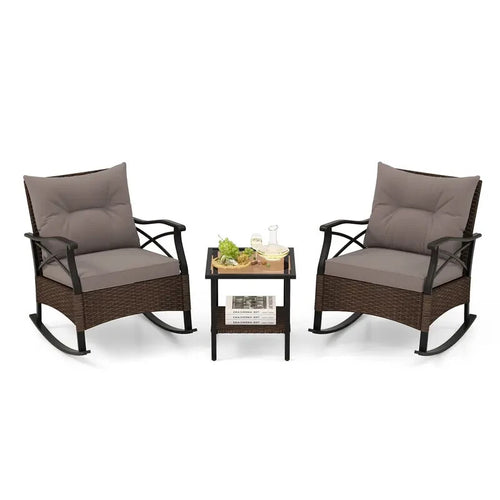 Patio Rattan Rocking Chair Set 3PC With Glass Top Coffee Table Cushions