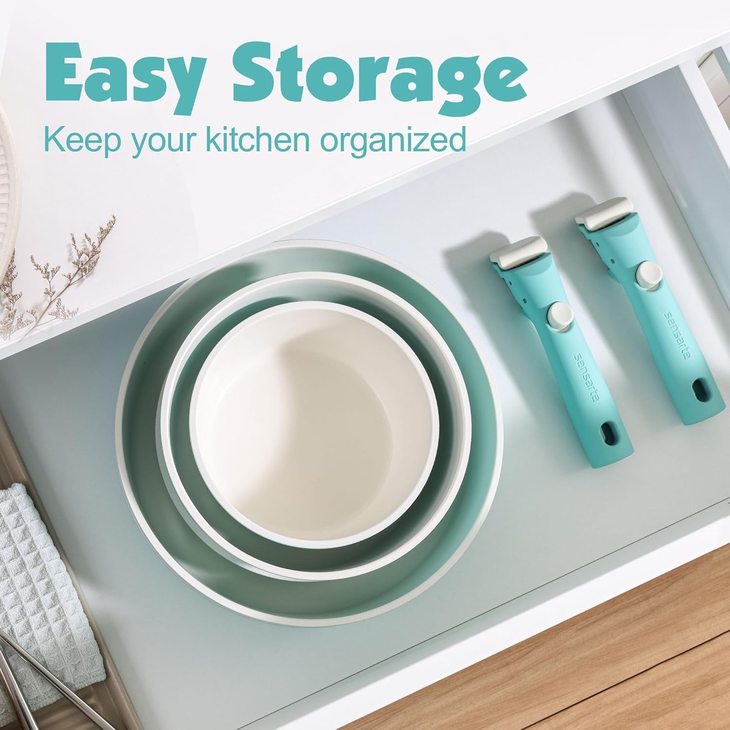 17pcs Turquoise Non Stick Cookware Set Detachable Handle Induction Oven Safe
