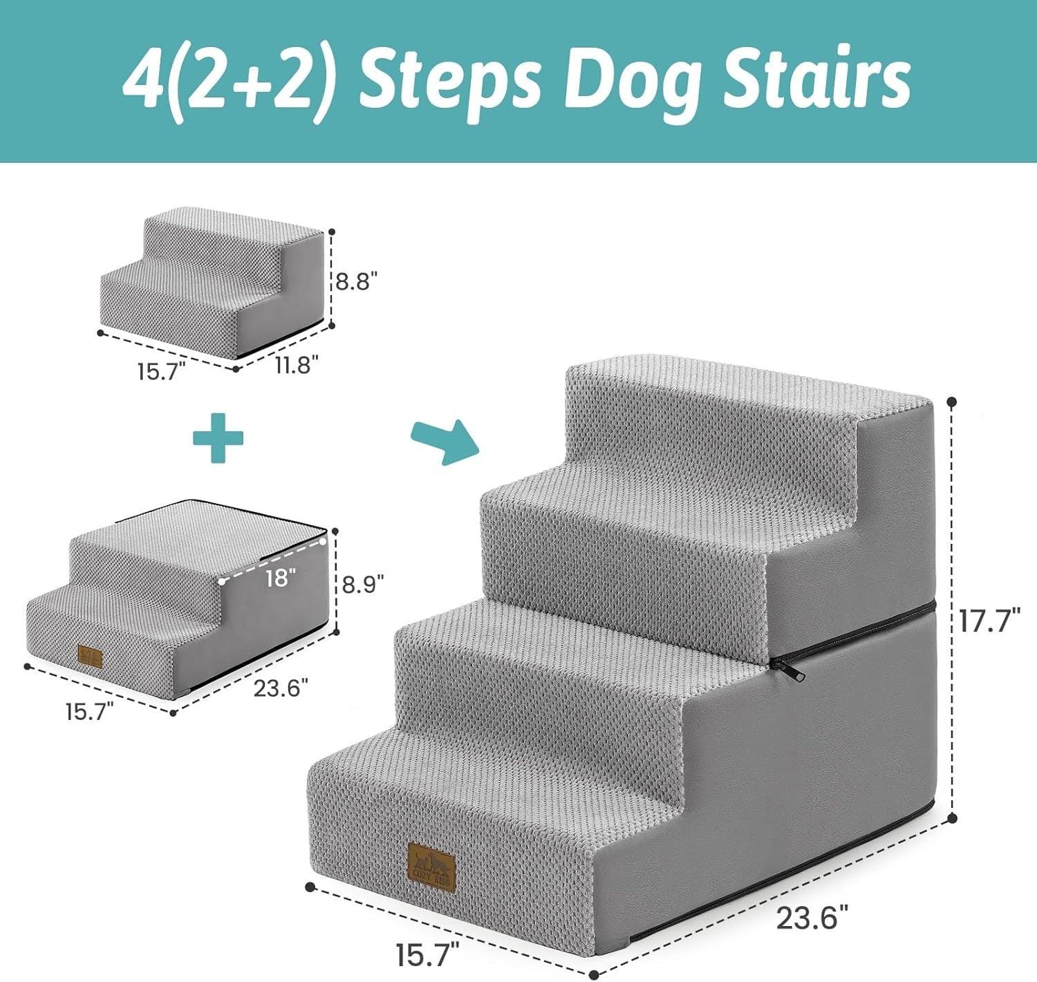 4 Tier Dog Stairs for Small Dogs Non Slip 45cm High Grey