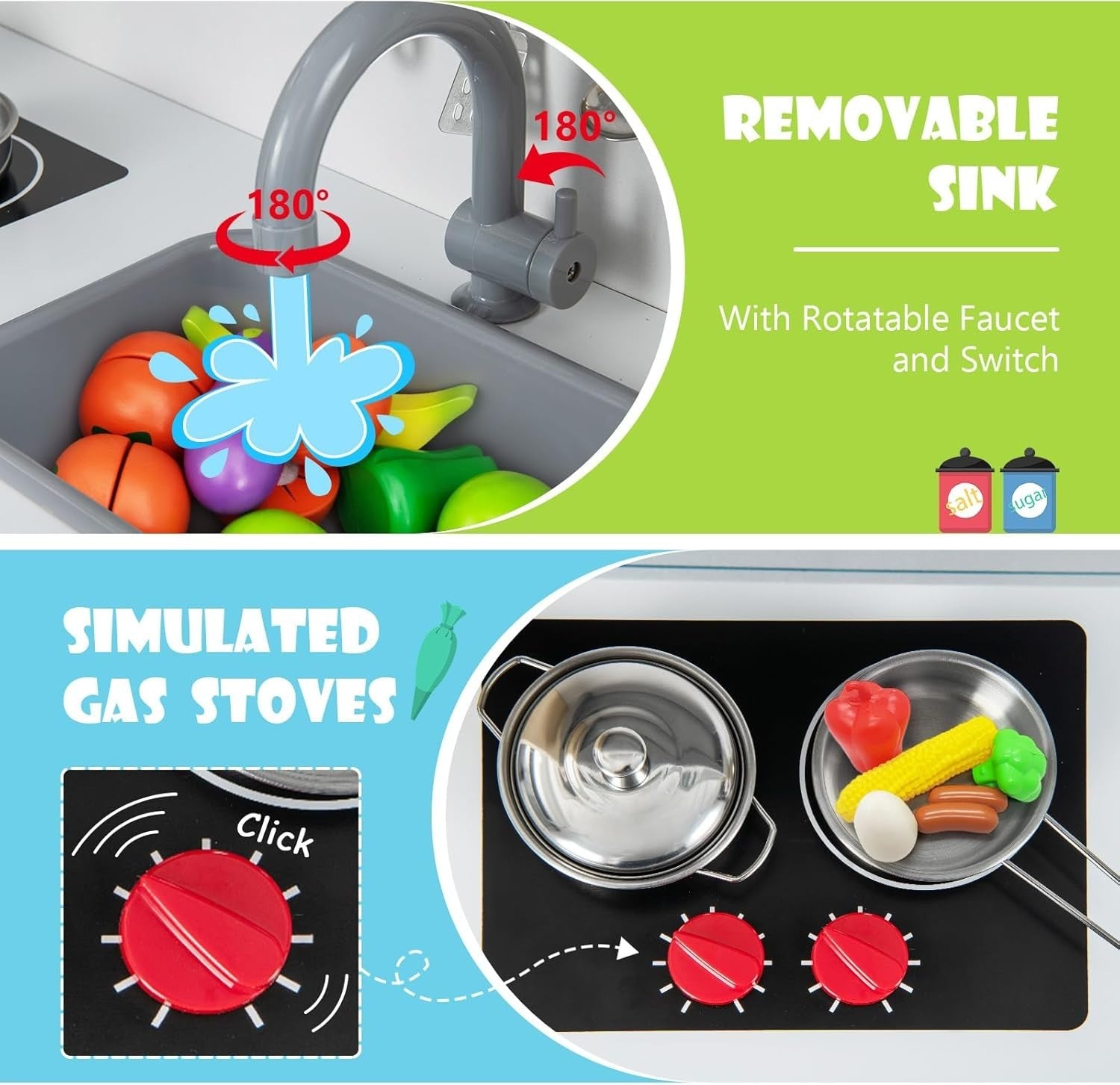 Wooden Kids Play Kitchen White Toy Set Microwave Oven Ice Maker Sound