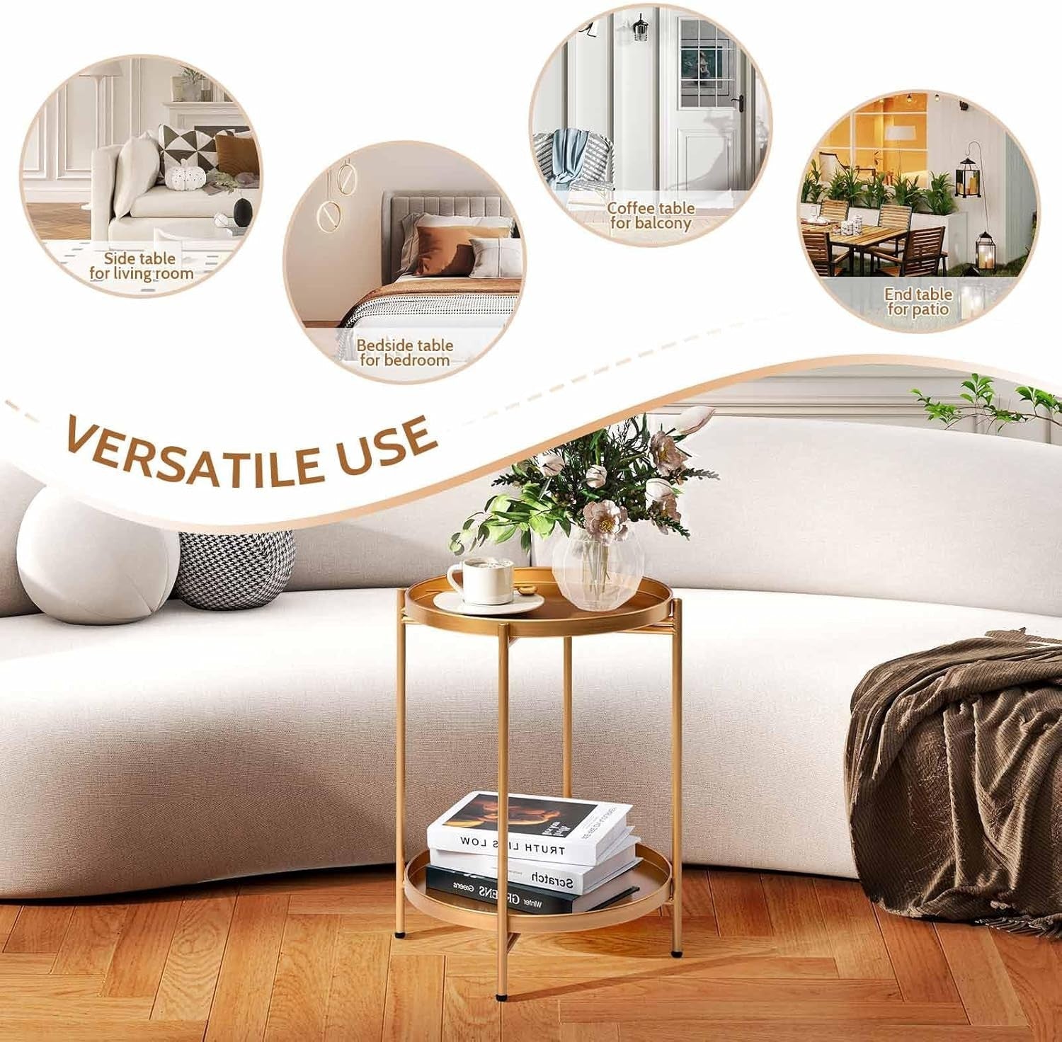 Gold Metal Round Side Table – 2 Tier Removable Tray, Small Coffee Table