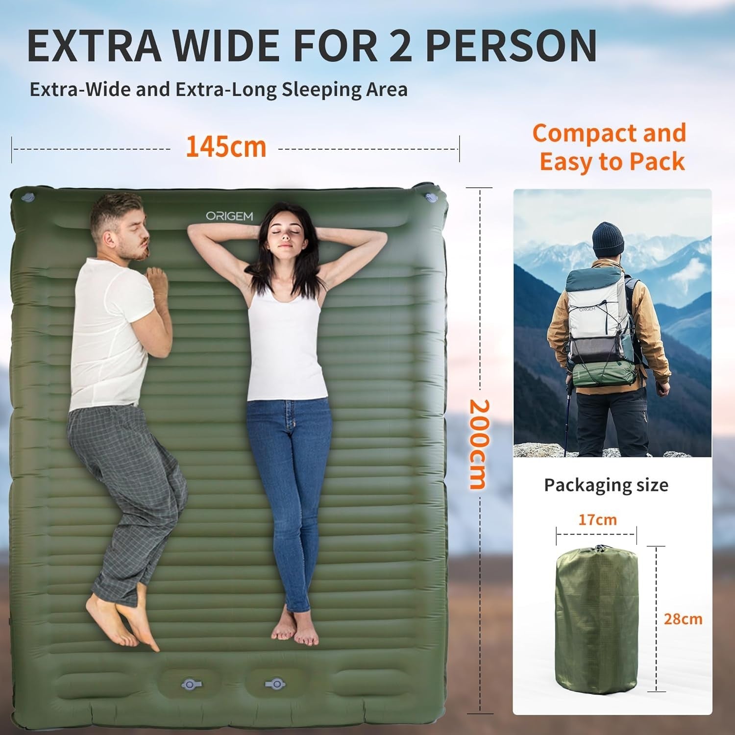 Self-Inflating Double Camping Mattress – Extra Thick, Wide, Portable.